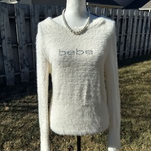 Bebe White Rhinestone Embellished Logo Fuzzy Sweater